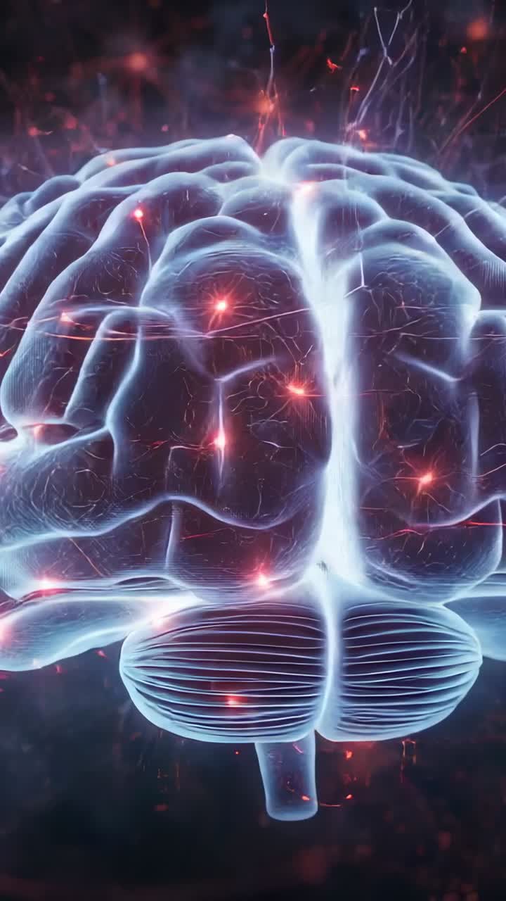 Vertical video: Rotating 3D brain model revealing glowing nodes on electric filaments in dark void