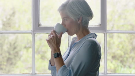 old caucasian woman drinking coffee at home enjoying successful retirement looking out window planning ahead middle aged female thinking contemplating retired lifestyle