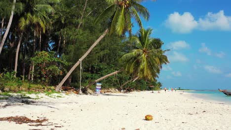 Tropischer-Strandhintergrund-Mit-Palmen-Friedlichem-Türkisfarbenem-Wasser-Und-Booten,-Die-Nahe-Der-Küste-Schwimmen