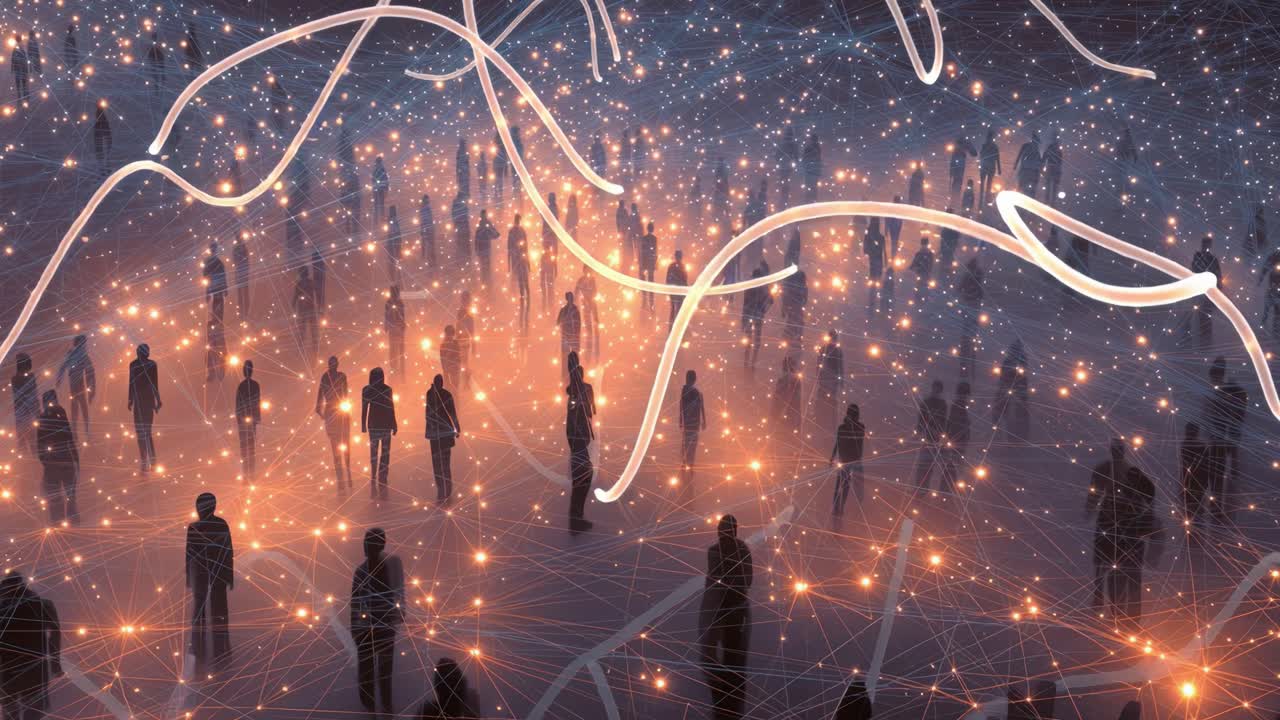 A vibrant and imaginative depiction of a digital network of interconnected figures surrounded by a sea of sparkling lights, illustrating the concept of human connection through technology in a cosmological setting