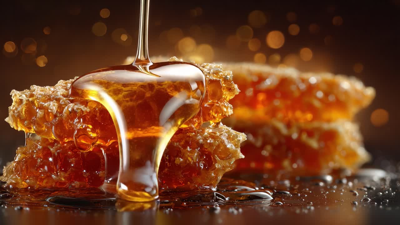Delizioso miele che cola da un favo, che mostra il suo colore dorato e la sua consistenza naturale, perfetto per dolcificare piatti e dessert