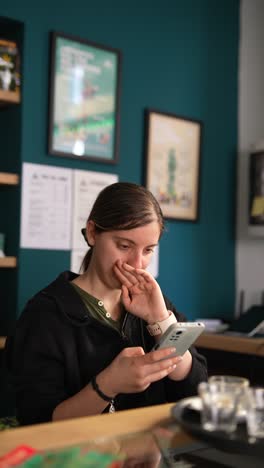 young woman using a smartphone in a cafe