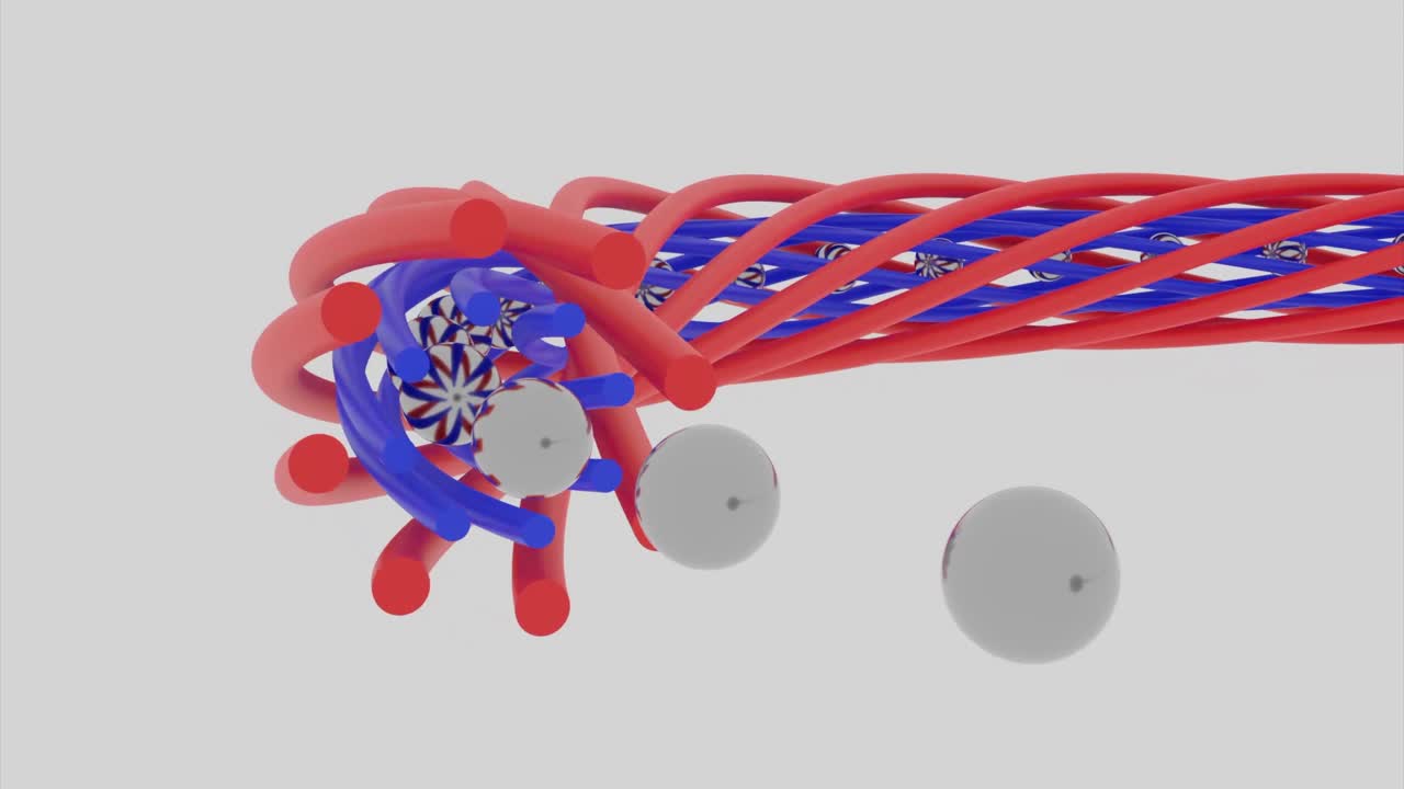 구와 함께 빨간색과 파란색으로 인 선의 추상적인 3d 일러스트레이션