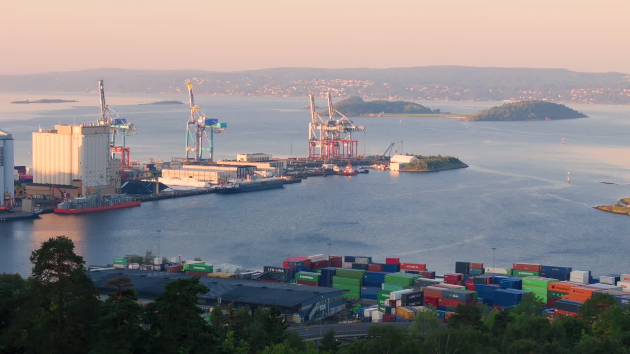 Yilport Oslo maritime logistics hub sunset drone dolly from Ekebergparken