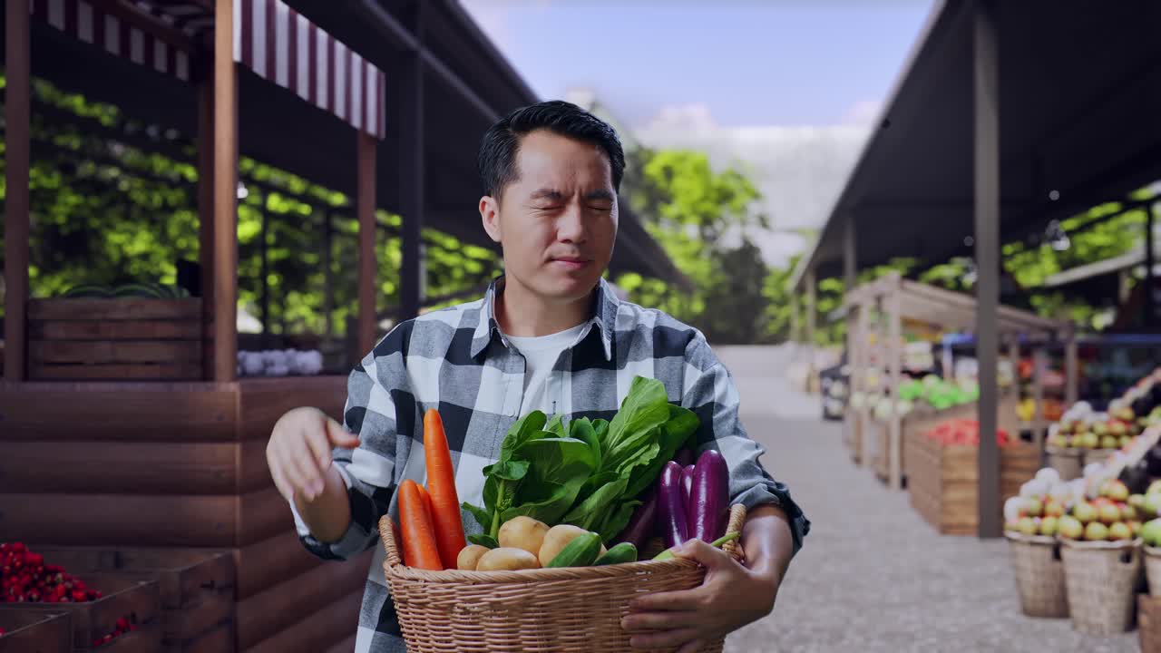 Agricultor asiático cansado con una cesta de verduras de pie en un mercado de agricultores