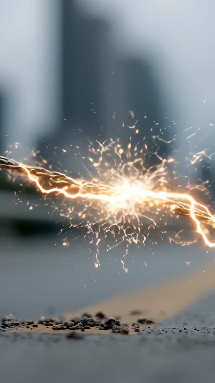 Electric sparks ignite on urban pavement. Sparks fly as electrical energy arcs across the pavement in a bustling city environment during the day.