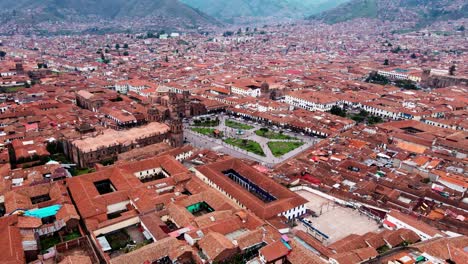 aerial drone shot of cusco travelling in