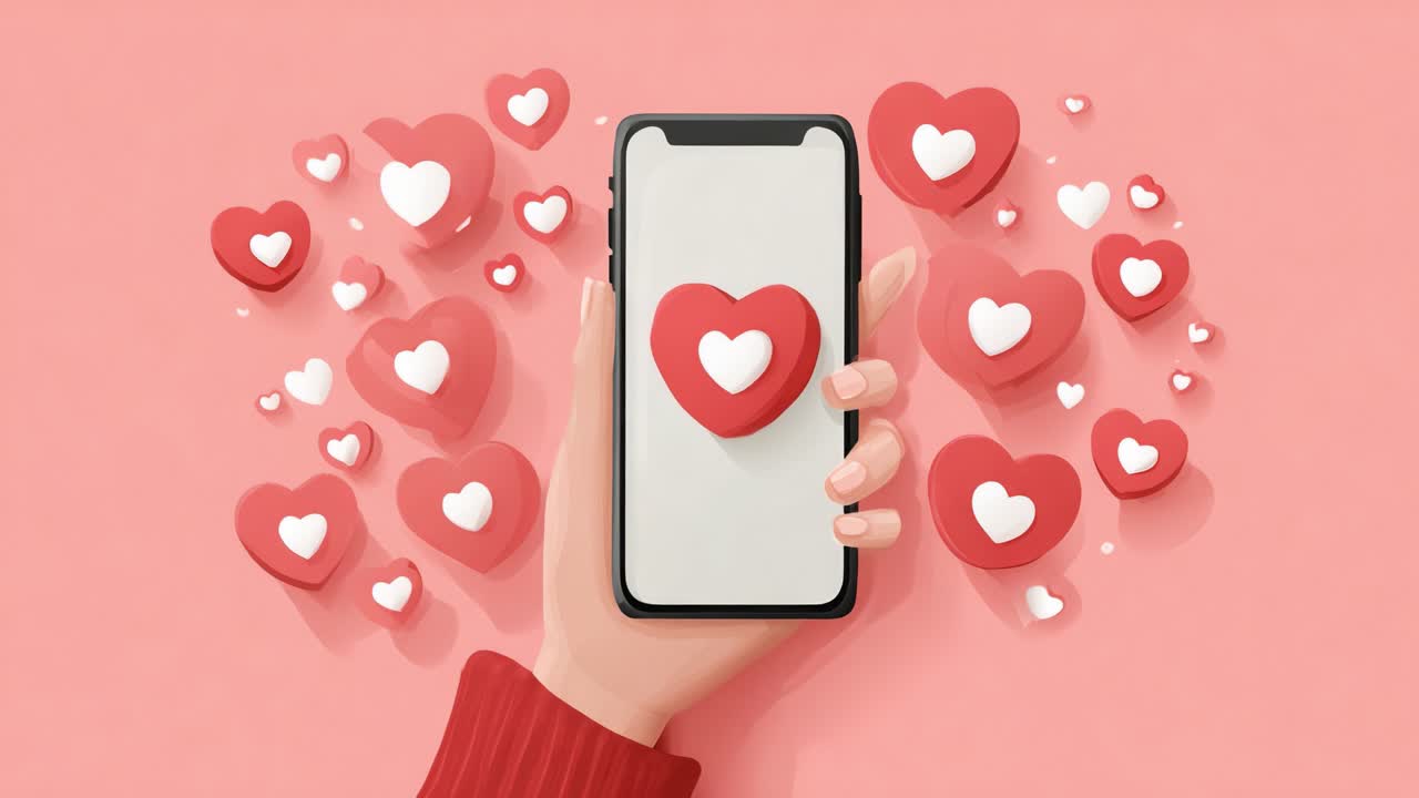 Una mano vivace che regge uno smartphone con simboli a forma di cuore, a rappresentare l'amore e la connessione nella comunicazione digitale su uno sfondo rosa tenue