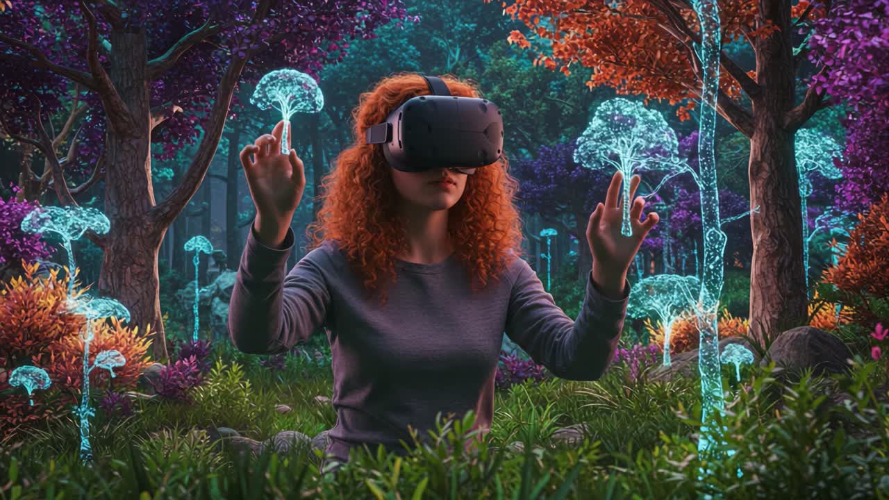 Exploring a Vibrant Virtual Reality Forest: A Young Woman Engages with Luminous Plants while Wearing a VR Headset, Immersed in a Colorful Digital Landscape