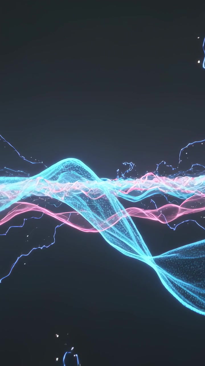 Vertical video: Animating cyan-pink ribbons from initial pulse, braiding across dark void, sparking