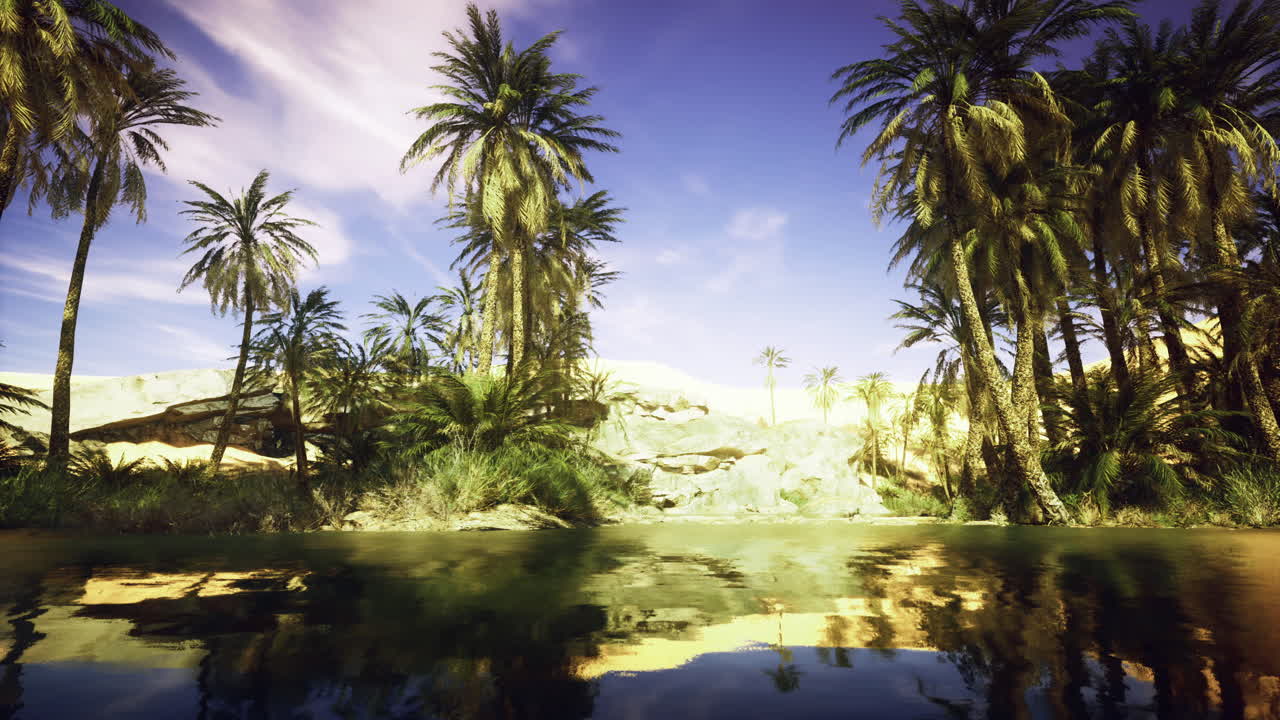 Palm trees line a tranquil oasis reflecting the blue sky at sunset