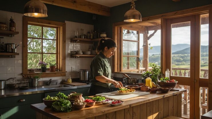 Un viaggio culinario in una cucina rustica con viste panoramiche: Preparare ingredienti freschi per creare pasti deliziosi in un'atmosfera accogliente.