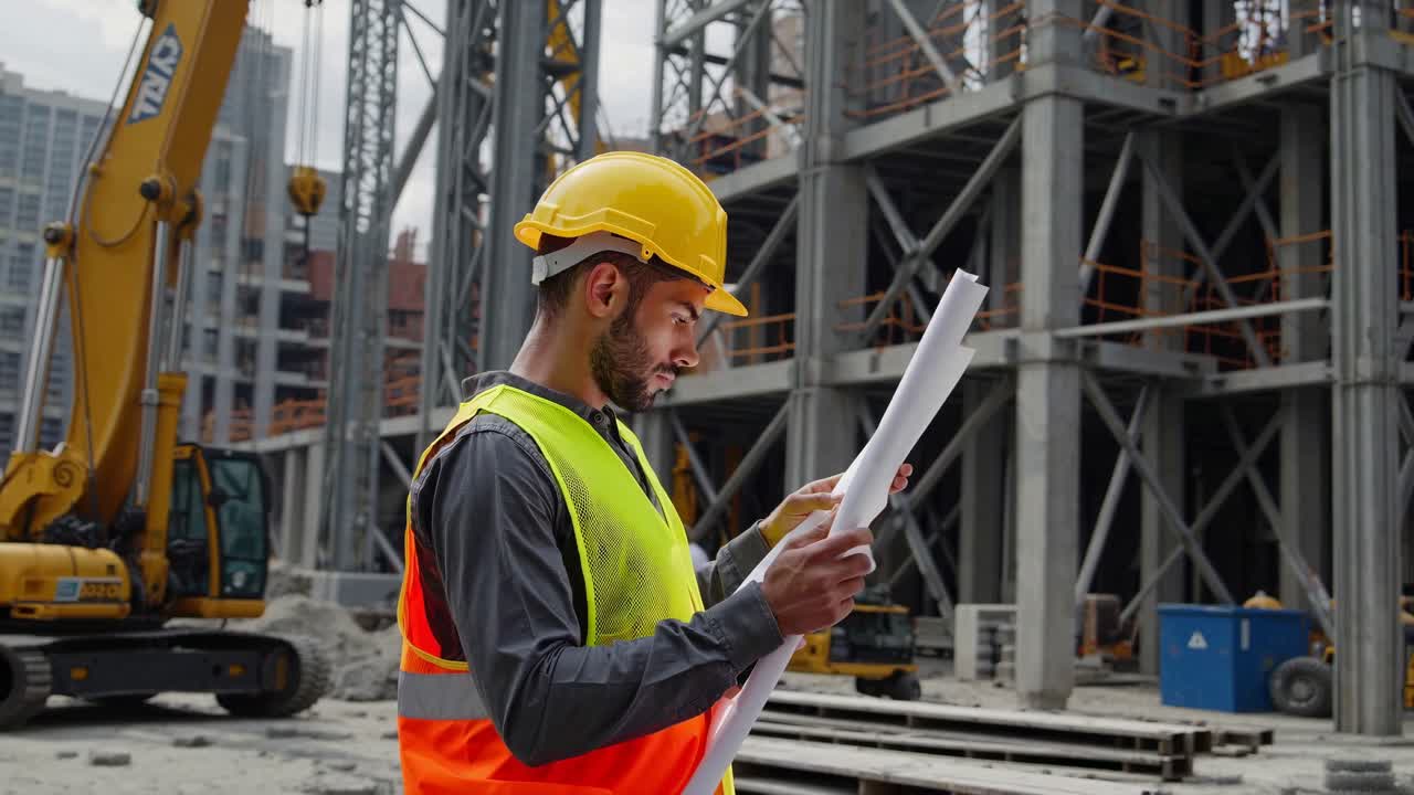 Construction worker reviewing blueprints on a construction site