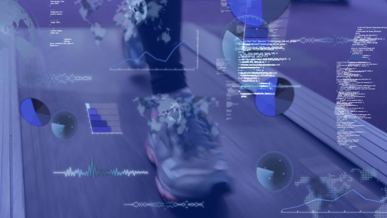 트레드밀에서 달리는 여성, 체육관에서 운동하는 여성에 대한 데이터 처리 애니메이션