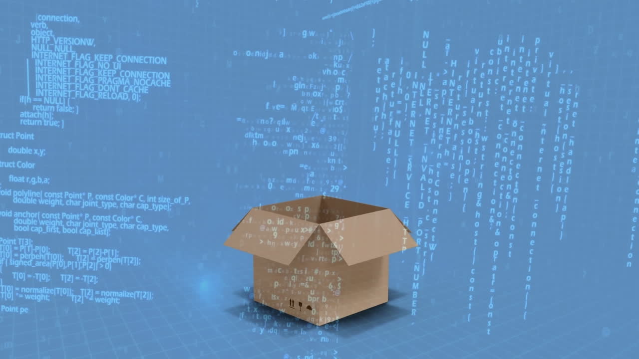 animación del procesamiento de datos y la apertura de la caja sobre fondo azul