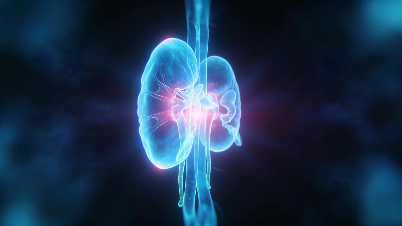Panning cam pulsing light driving kidneys rotating in dark space showing hilum ureters magenta glow