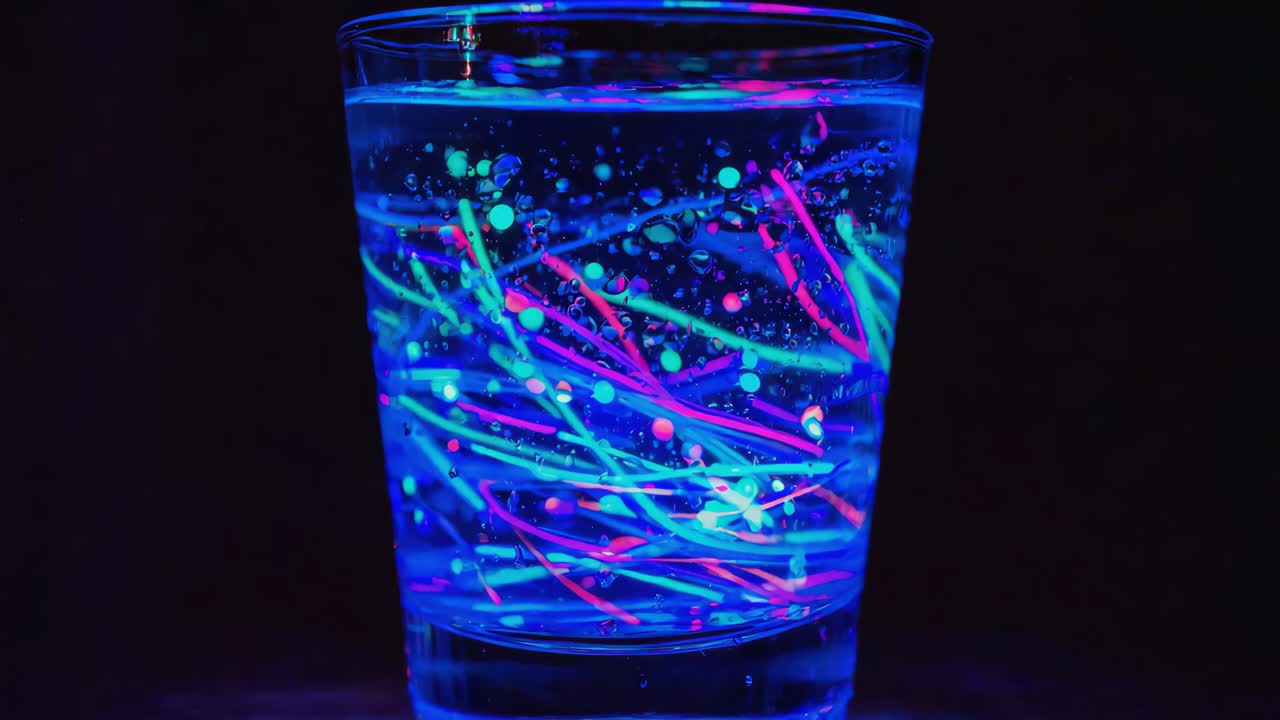 Abstract Luminous Liquid with Glowing Filaments in a Glass