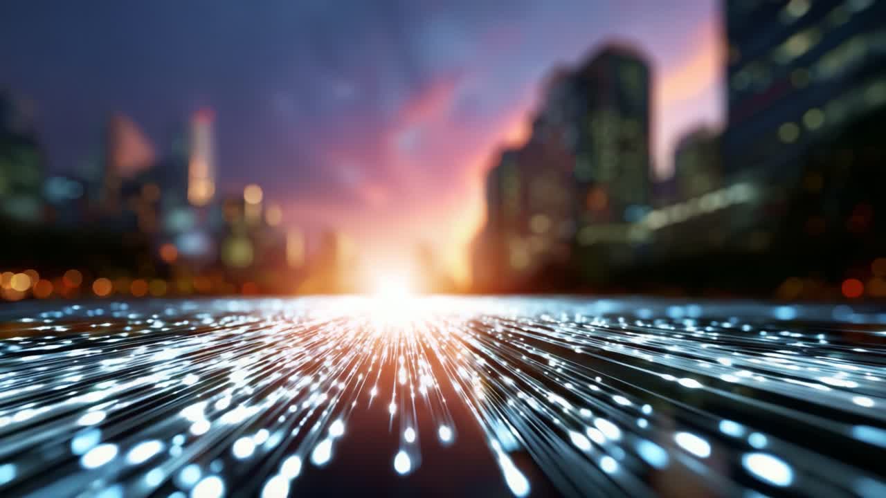 Dynamische Ansicht einer futuristischen Stadtlandschaft in der Dämmerung mit leuchtenden Partikeln und vibrierenden Stadtlichtern, die eine atemberaubende visuelle Symphonie aus Licht und Bewegung erzeugen