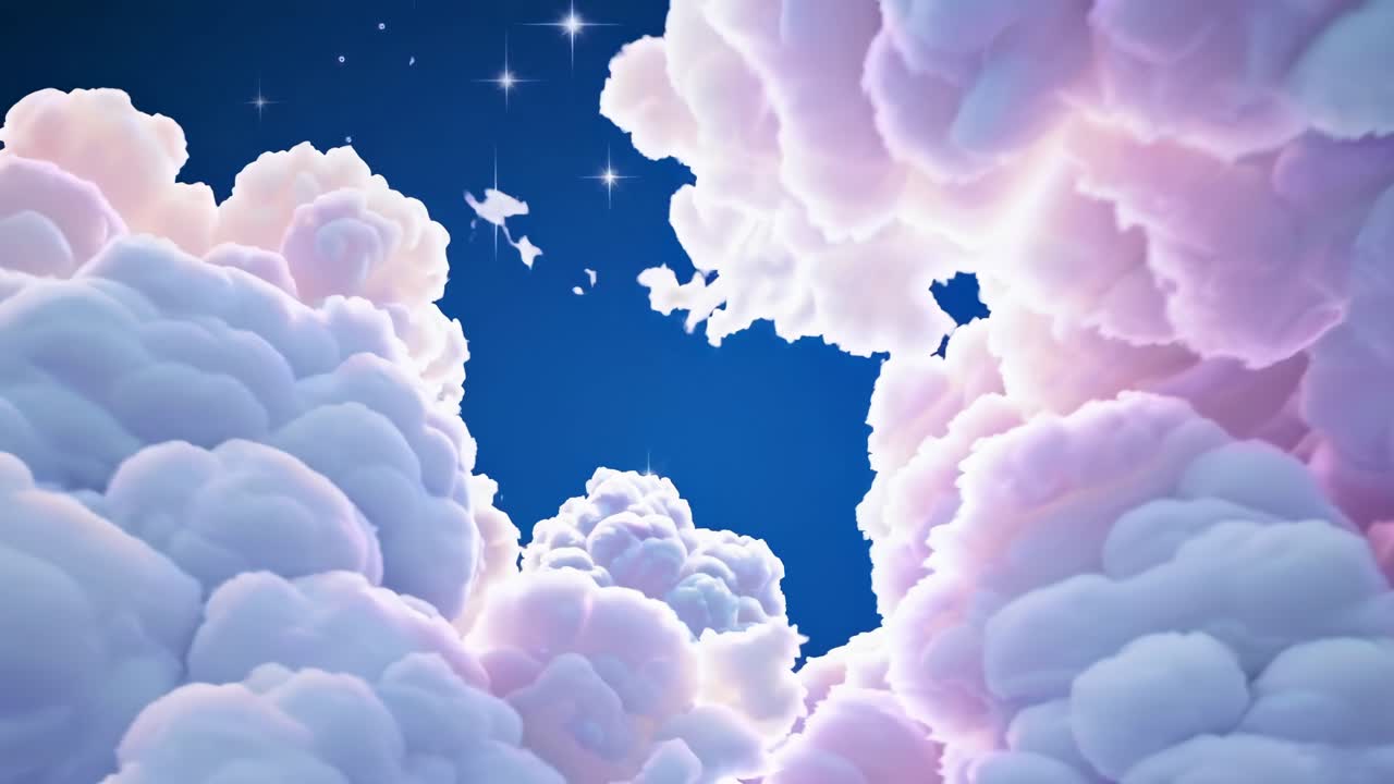 Dreamy video scene with a low-angle view of fluffy pink clouds against a starry night sky