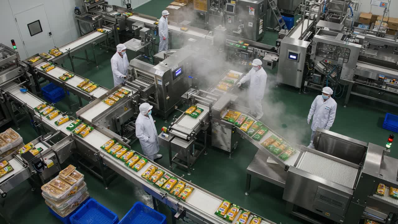 High-Efficiency Food Processing Facility: Automated Systems in Action with Workers Managing Production Lines and Packaging Operations in a Controlled Environment