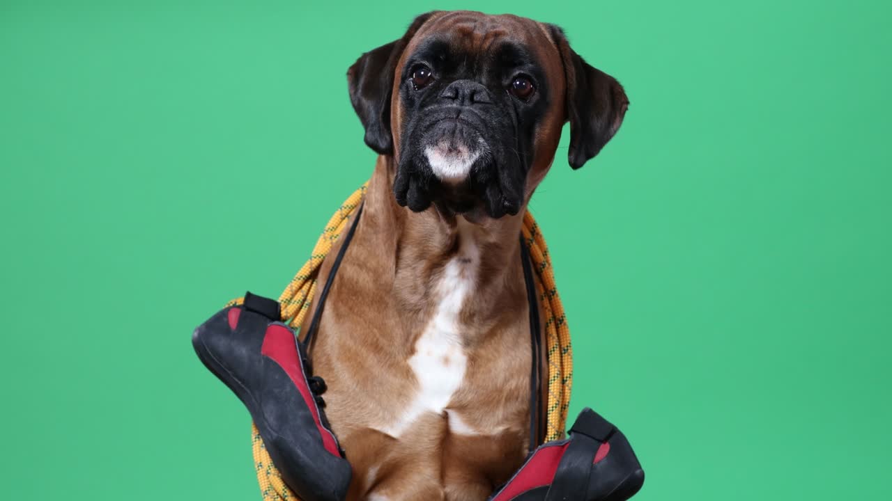 크로마키 배경에 등반 로프와 신발을 가진 복서 개.