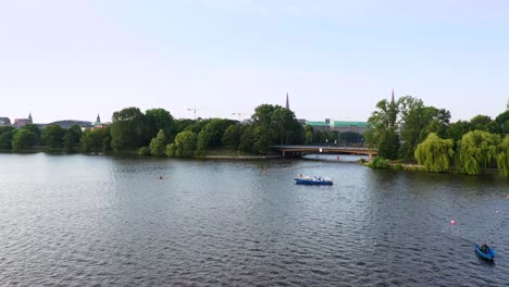 Aerial-view-of-the-outer-alster-lake-with-swimmmers-during-Ironman-in-Hamburg