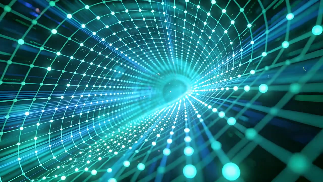 Moving glowing data tunnel pulling camera inward toward bright vortex, with glow nodes and streaks