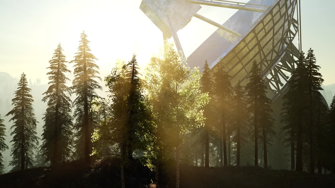 радиотелескоп обсерватории в лесу при заходе солнца