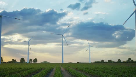 wind turbines standing in sunset. farm with wind turbines. generating clean renewable energy. bright orange sunset. alternative energy