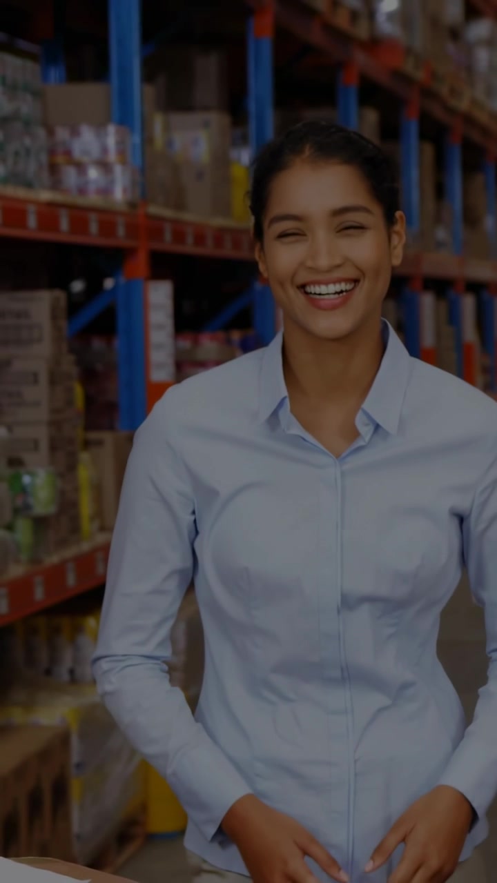 Donna in piedi con camicia blu che muove le mani in un corridoio di magazzino, con icone che entrano da destra e mostrano una rete.