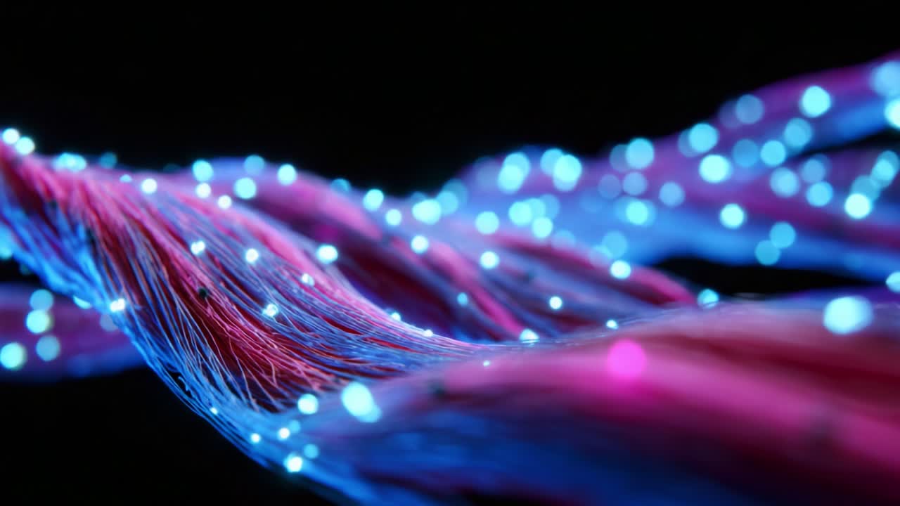 A mesmerizing display of vibrant flowing strands, illuminated by shimmering lights in various hues, creates a dynamic visual spectacle, evoking a sense of motion and ethereality in a dark background environment