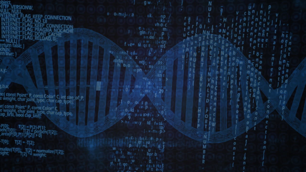 cadena de adn y codificación binaria, animación de procesamiento de datos científicos