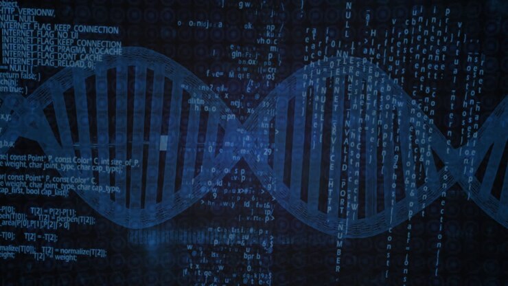 DNA strand and binary coding, scientific data processing animation