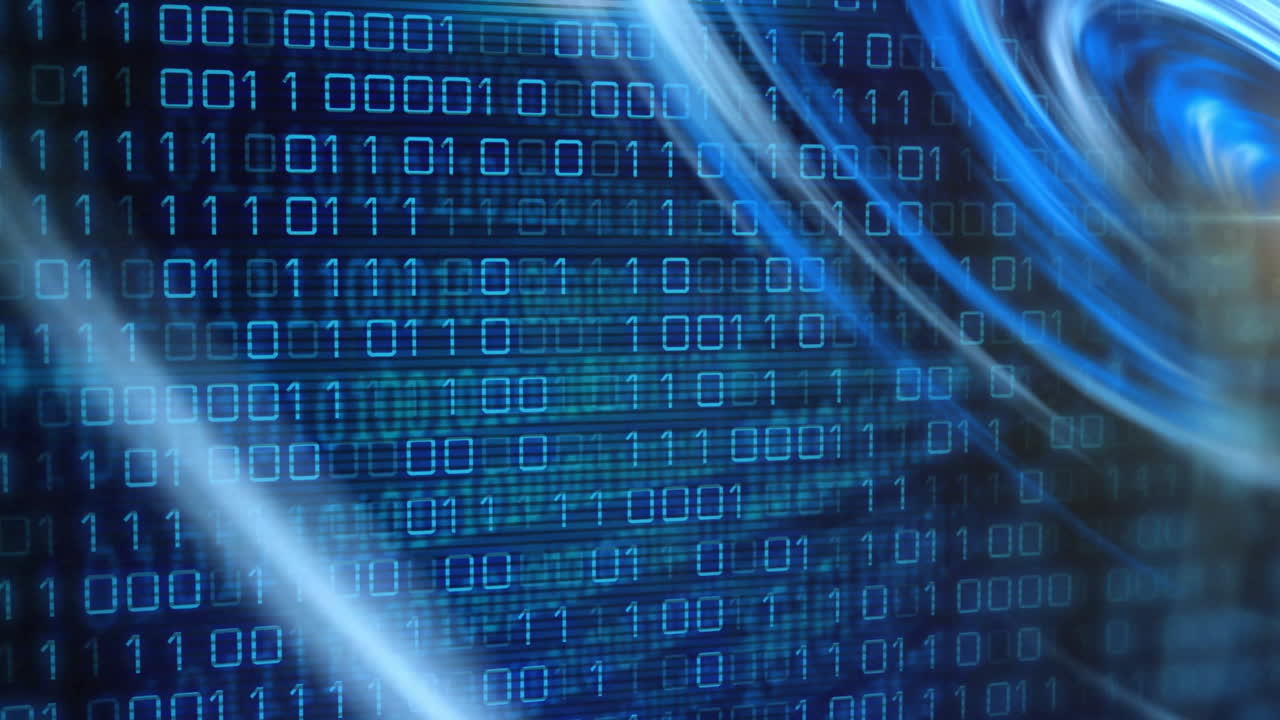 Animation of binary coding data processing over dark background