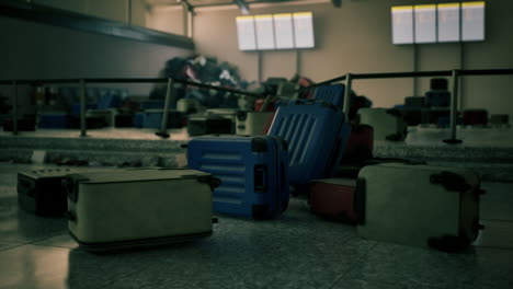 abandoned airport terminal with scattered luggage in a neglected environment