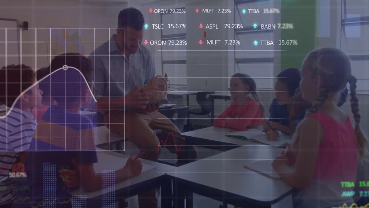 Animation of data processing over diverse male teacher and children in biology class