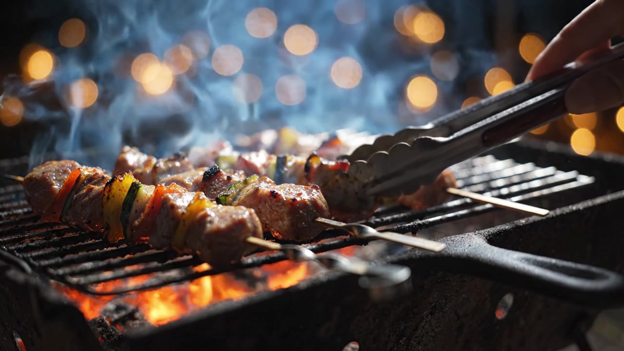 Spiedini Deliziosamente Grigliati: L'Arte di Cuocere al Barbecue Carne Succulenta e Verdure Colorate su una Griglia Fumante con Luci Bokeh Scintillanti sullo Sfondo