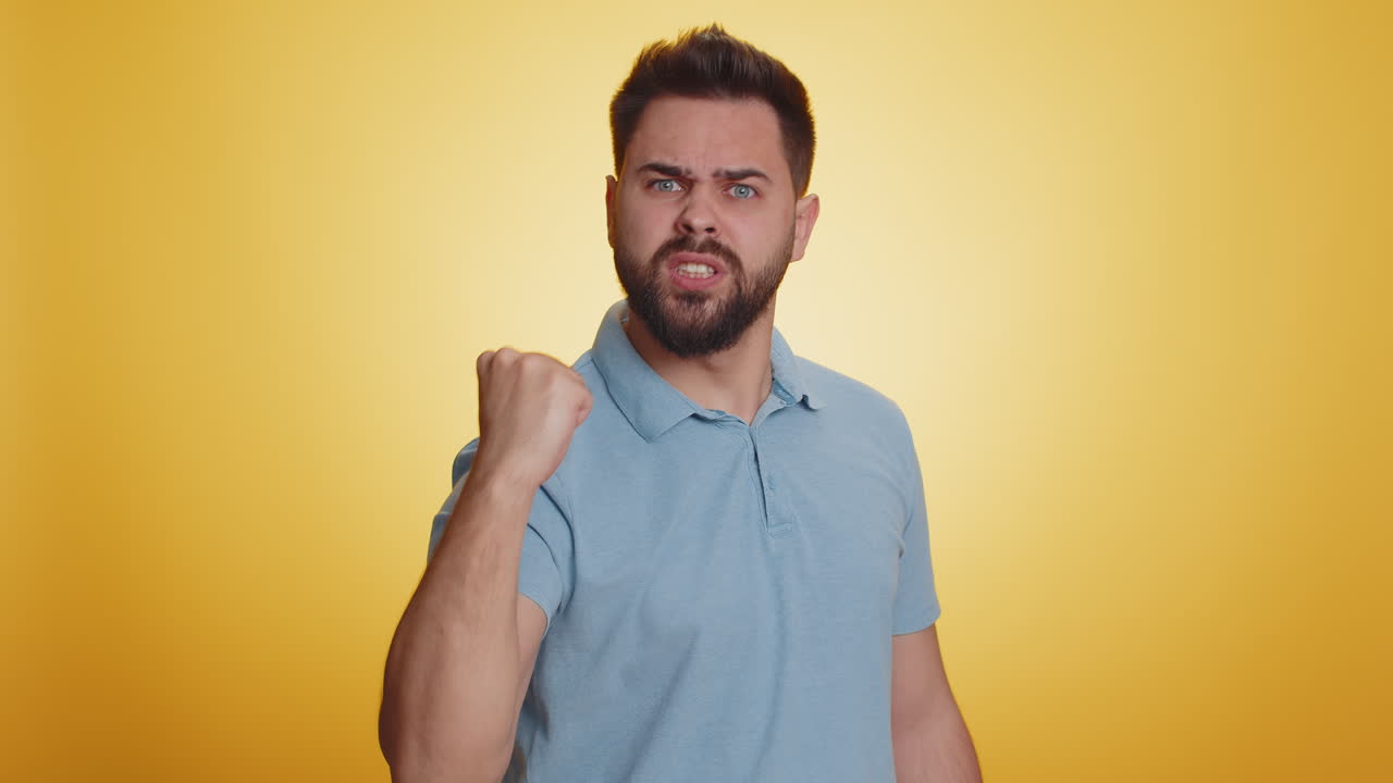 Irritated caucasian man pointing finger away asking to leave him alone strict boss firing conflict