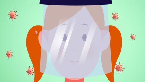 Animation-Eines-Mädchens-Mit-Gesichtsschutzsymbol-über-Viruszellen