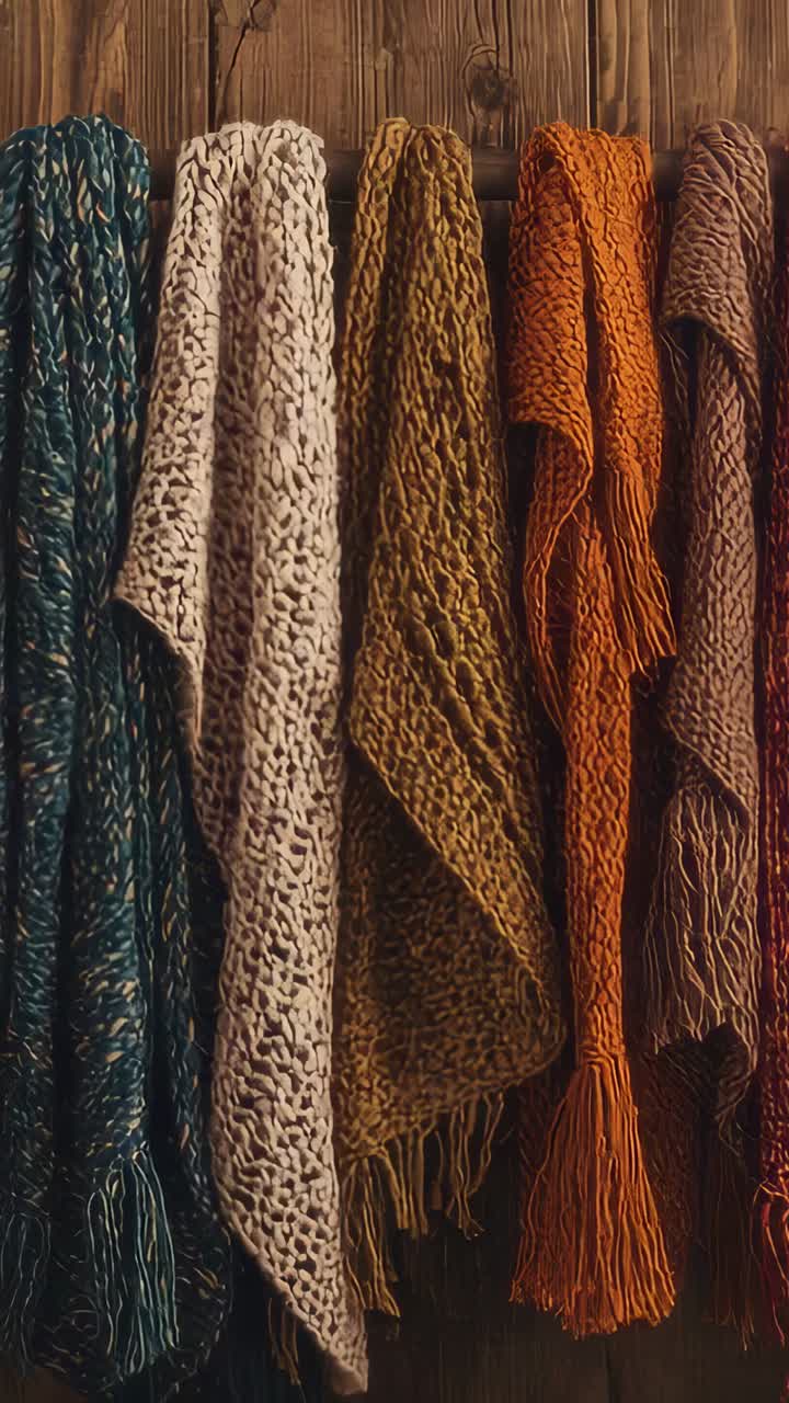 Vertical video: Panning across hand-knit scarves sliding past rod on wood wall, revealing throws