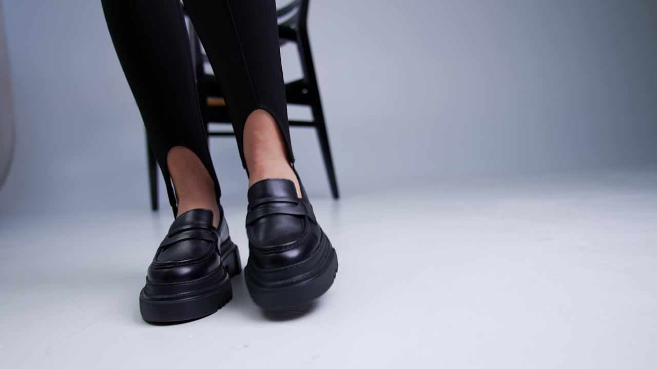 Woman wearing black loafers and leggings