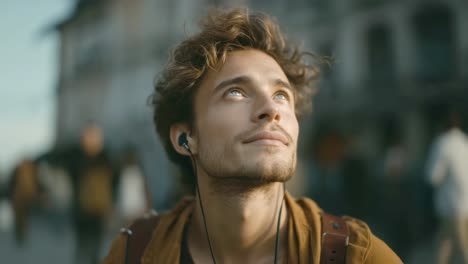 a man listening to music while looking up
