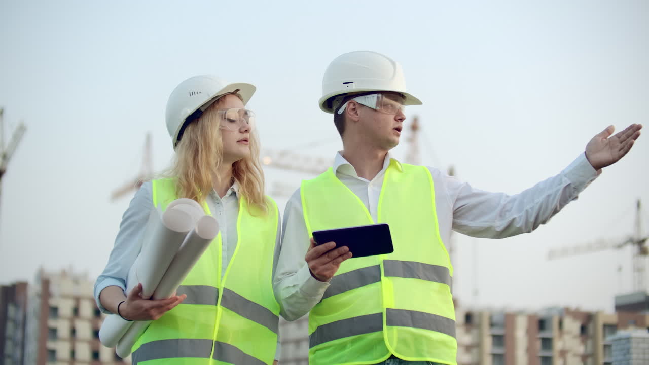 dos ingenieros industriales usan casco de seguridad y sostienen la ingeniería de tableta trabajando y hablando con la inspección de dibujos. en la construcción afuera. herramientas de ingeniería.
