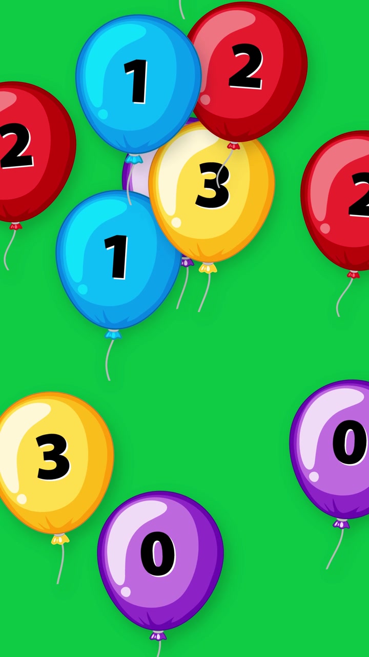 Vibrant cartoon balloons with numbers fall vertically against a solid green screen background.