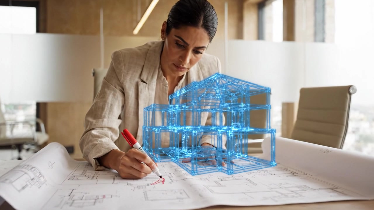 Un arquitecto dibuja meticulosamente planos, dando vida a diseños innovadores a través de la visualización y la tecnología moderna, mostrando creatividad en la arquitectura