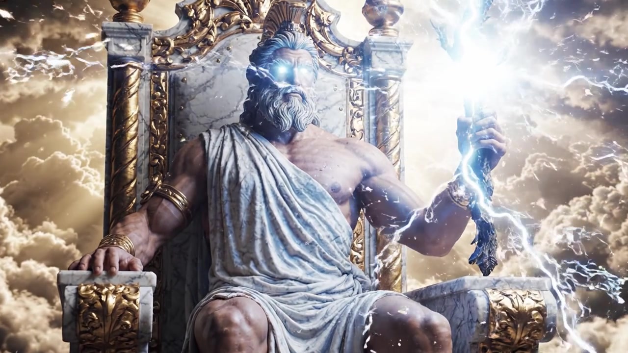 Una potente divinità regna dal suo trono dorato, emanando potere e autorità con il suo scettro fulminante in mezzo a un drammatico cielo nuvoloso.