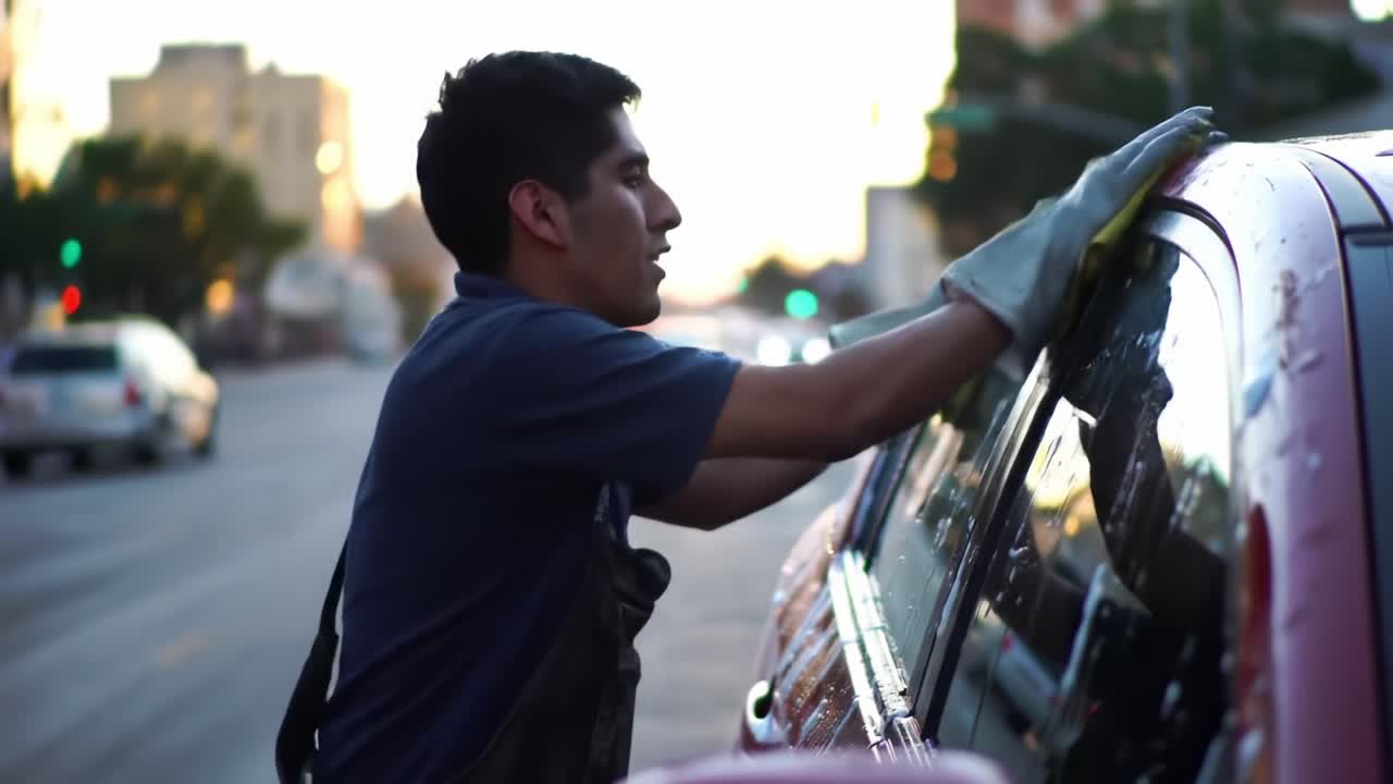 A Dedicated Worker Skillfully Cleans a Car Window with Careful Attention to Detail in a Bustling Urban Environment at Dusk
