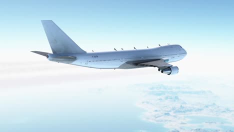 realistic cgi animation of large generic white boeing 747 passenger jet flying high above cloud in clear blue sky leaving contrails. travel, aviation, transport concepts