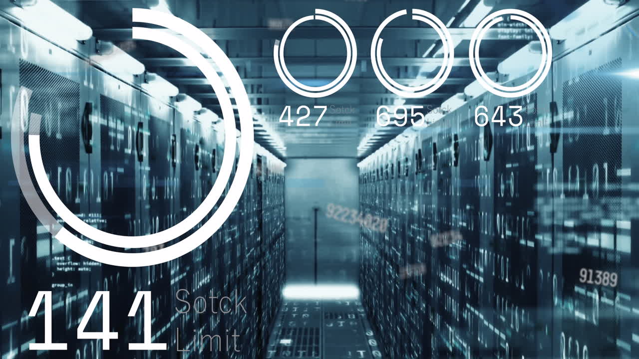 animación de círculos de carga con números y códigos sobre la sala de servidores de red