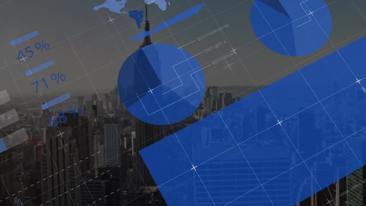 Animation of financial data over cityscape